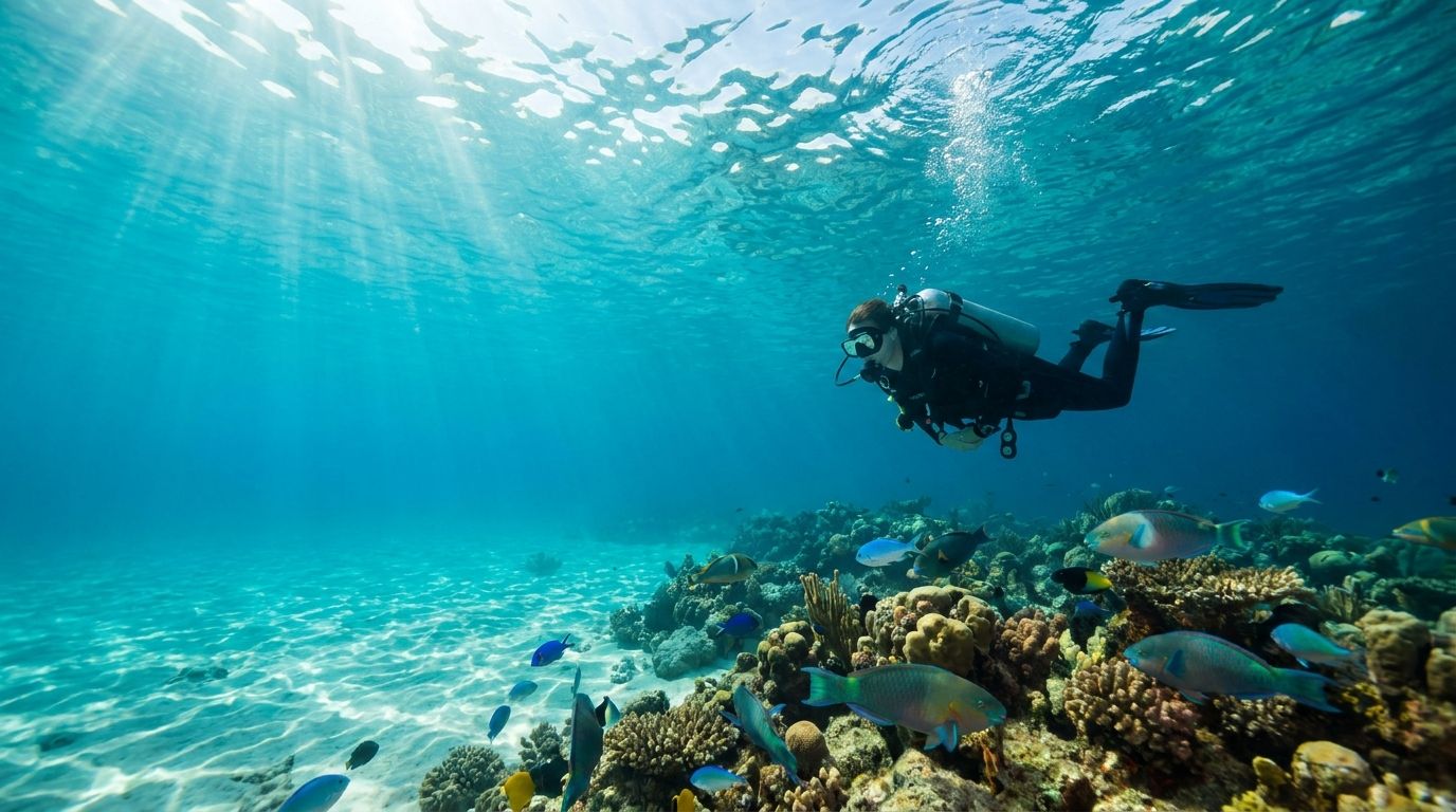 Buzo nadando sobre un arrecife de coral